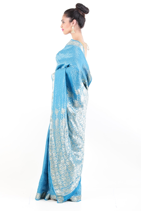 Picture of Sky Blue Banarasi Silk Saree with Silver Peepal Leaf Design Border