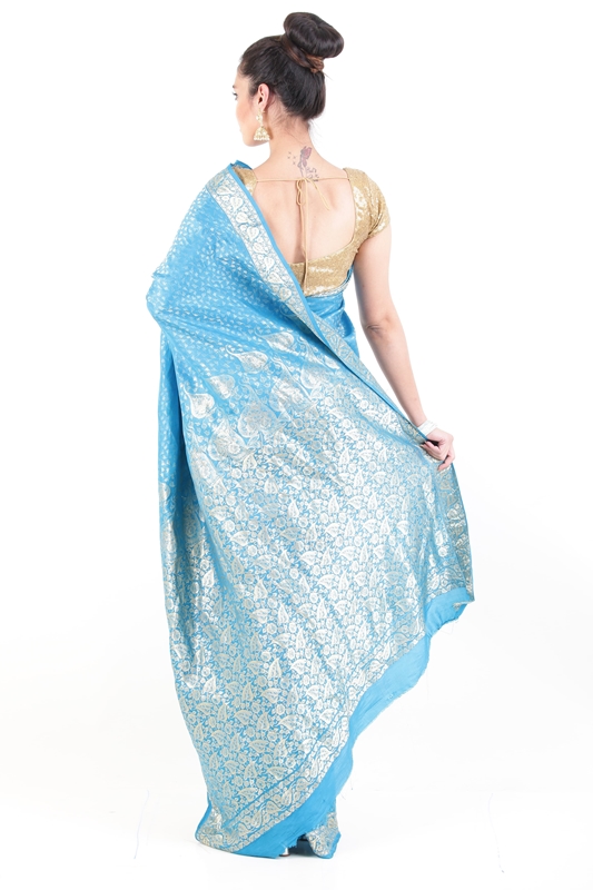 Picture of Sky Blue Banarasi Silk Saree with Silver Peepal Leaf Design Border