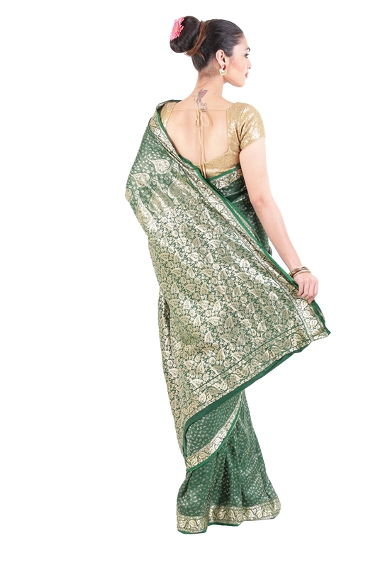 Picture of Dark Green Handwoven Banarasi Silk Saree with Peepal Leaf Silver Zari Design Border