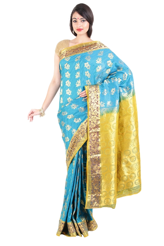 Picture of Turquoise Blue Color Kanchipuram Silk Saree with Lotus Motifs