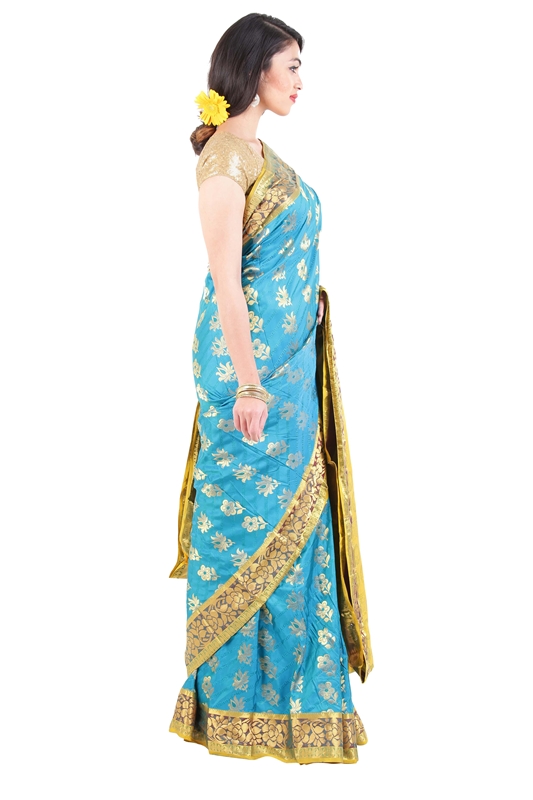 Picture of Turquoise Blue Color Kanchipuram Silk Saree with Lotus Motifs