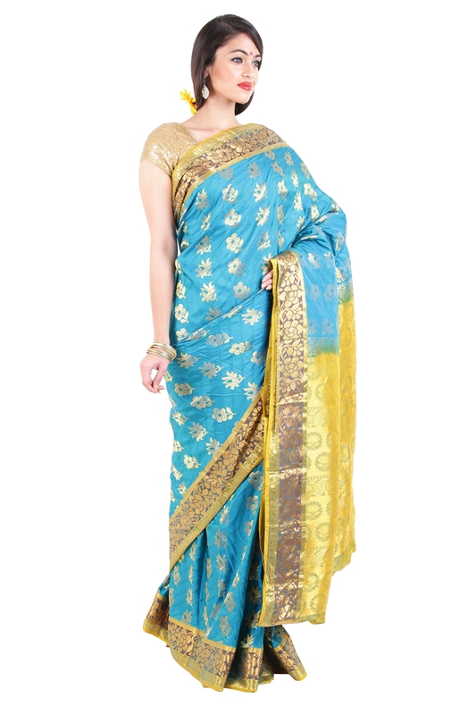 Picture of Turquoise Blue Color Kanchipuram Silk Saree with Lotus Motifs