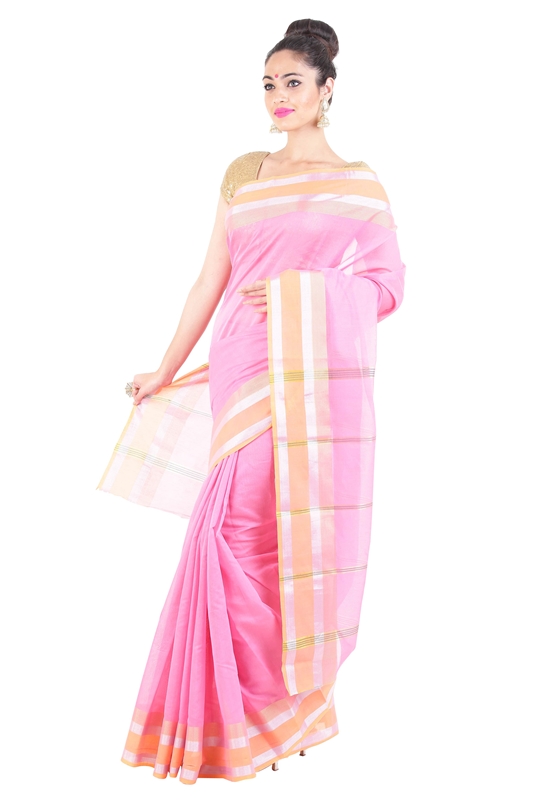 Picture of Light Pink Pure Cotton Shari Artistically Carved with Striped Zari Border