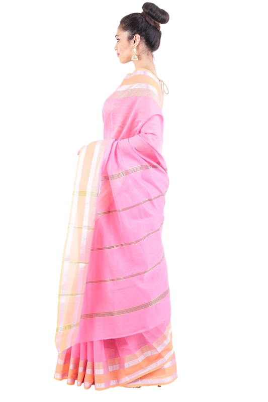 Picture of Light Pink Pure Cotton Shari Artistically Carved with Striped Zari Border