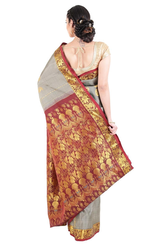 Picture of Grey Kanchipuram Silk Saree with Red Border Online