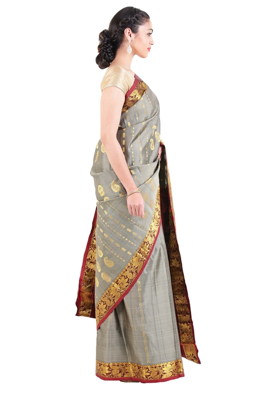 Picture of Grey Kanchipuram Silk Saree with Red Border Online