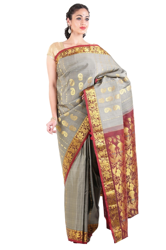 Picture of Grey Kanchipuram Silk Saree with Red Border Online