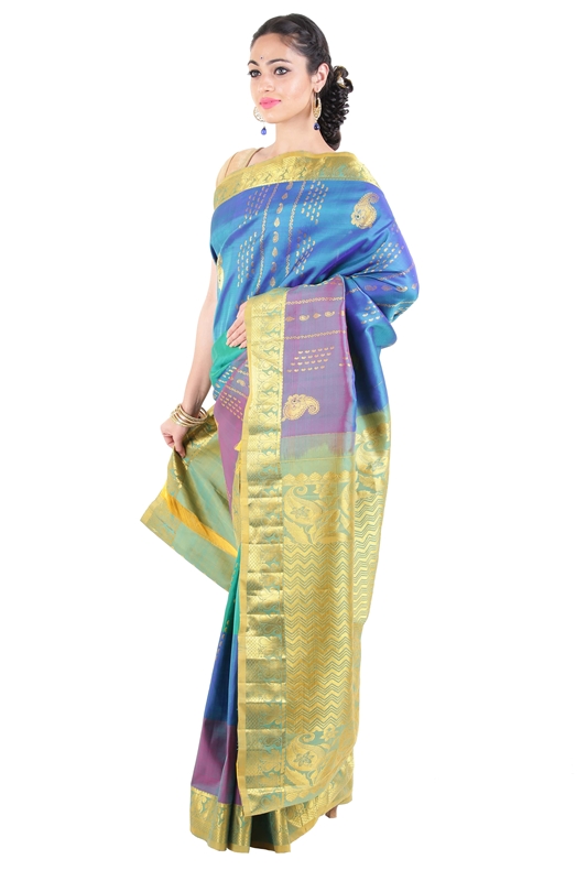 Picture of Multi Color Kanchipuram Silk Saree with  Mango Motifs & Golden Zari Border 