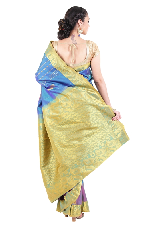 Picture of Multi Color Kanchipuram Silk Saree with  Mango Motifs & Golden Zari Border 