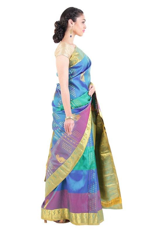 Picture of Multi Color Kanchipuram Silk Saree with  Mango Motifs & Golden Zari Border 