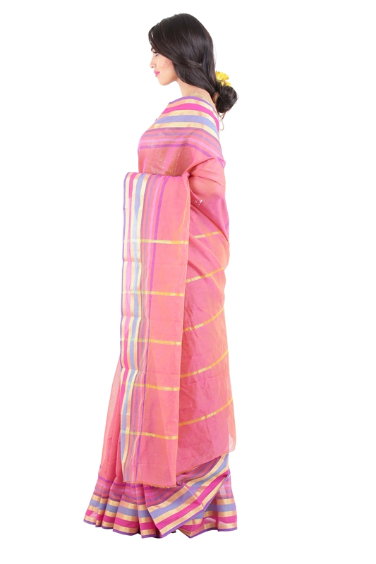 Picture of Peach Pink Pure Cotton Shari Artistically Carved with Multicoloured Zari Border