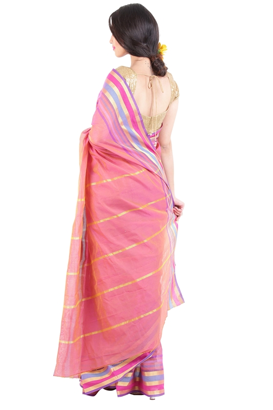 Picture of Peach Pink Pure Cotton Shari Artistically Carved with Multicoloured Zari Border