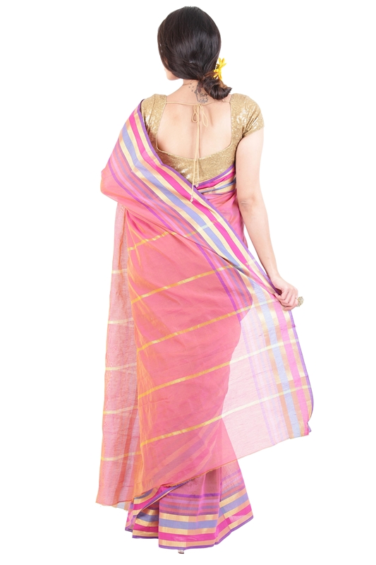 Picture of Peach Pink Pure Cotton Shari Artistically Carved with Multicoloured Zari Border