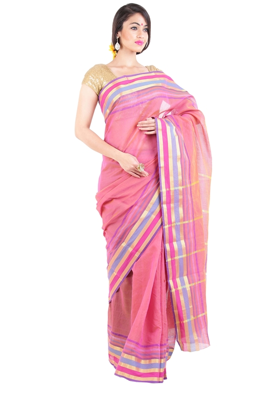 Picture of Peach Pink Pure Cotton Shari Artistically Carved with Multicoloured Zari Border