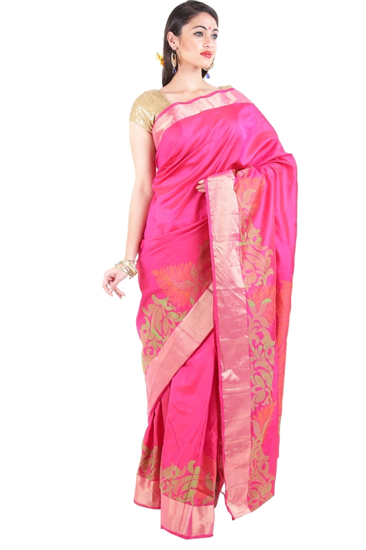 Picture of Rani Pink Colour Uppada Silk Saree with Floral Print Design Border