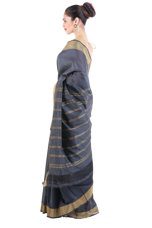 Picture of Lusty Black Pure Cotton Shari Finely Crafted with Striped Zari Border