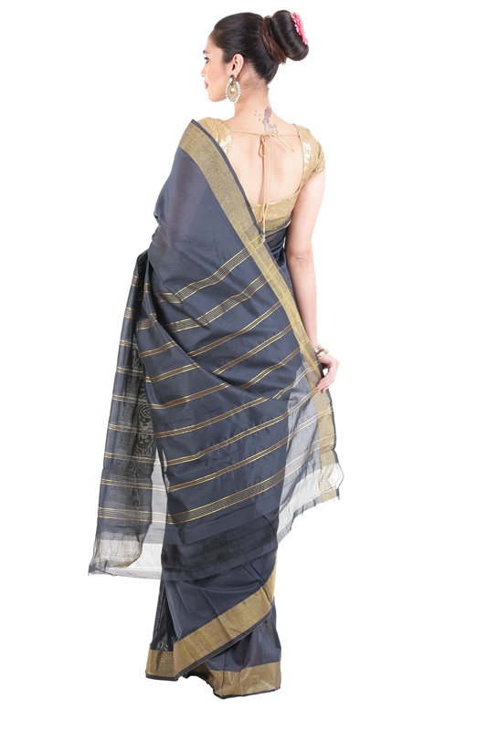 Picture of Lusty Black Pure Cotton Shari Finely Crafted with Striped Zari Border