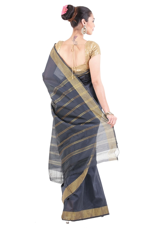 Picture of Lusty Black Pure Cotton Shari Finely Crafted with Striped Zari Border