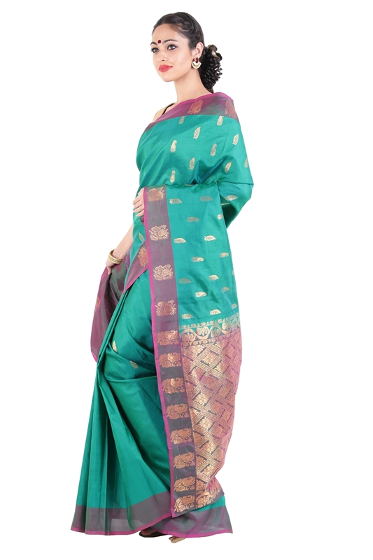 Picture of Peacock Green Mysore Silk Saree with Mango Motifs & Artistic Design