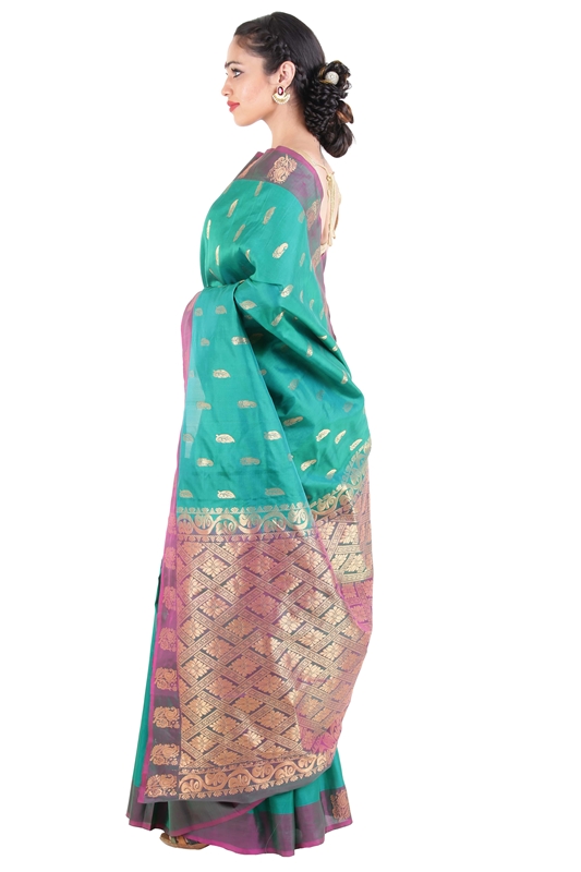 Picture of Peacock Green Mysore Silk Saree with Mango Motifs & Artistic Design