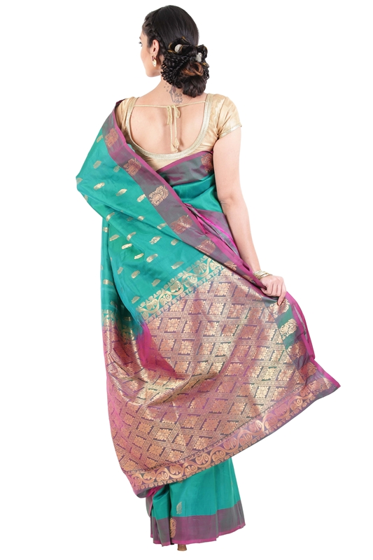 Picture of Peacock Green Mysore Silk Saree with Mango Motifs & Artistic Design