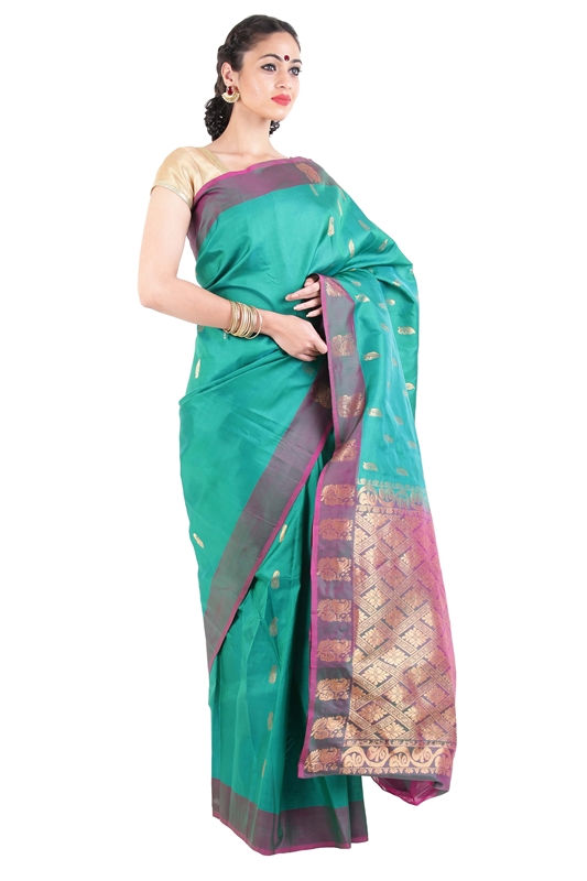 Picture of Peacock Green Mysore Silk Saree with Mango Motifs & Artistic Design