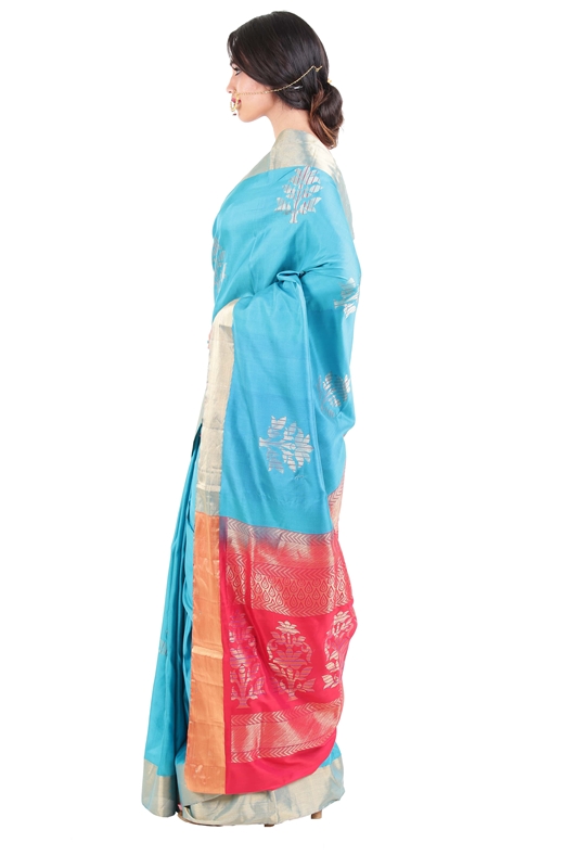 Picture of Sky Blue Uppada Silk Saree with Red Color Border in Bloomed Flowers Design 