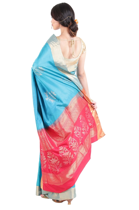 Picture of Sky Blue Uppada Silk Saree with Red Color Border in Bloomed Flowers Design 