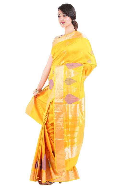 Picture of Shiny Yellow Colour Uppada Silk Saree with Leaf Art Design Work