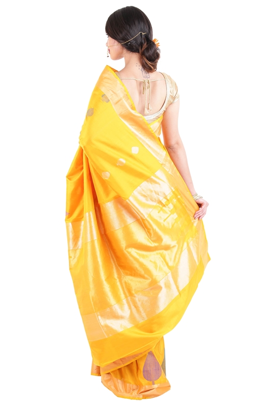 Picture of Shiny Yellow Colour Uppada Silk Saree with Leaf Art Design Work