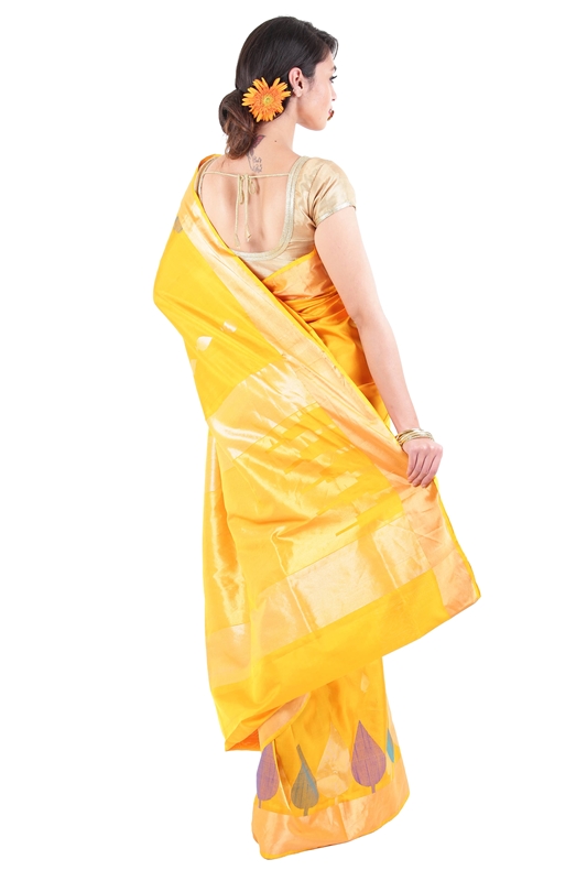 Picture of Shiny Yellow Colour Uppada Silk Saree with Leaf Art Design Work