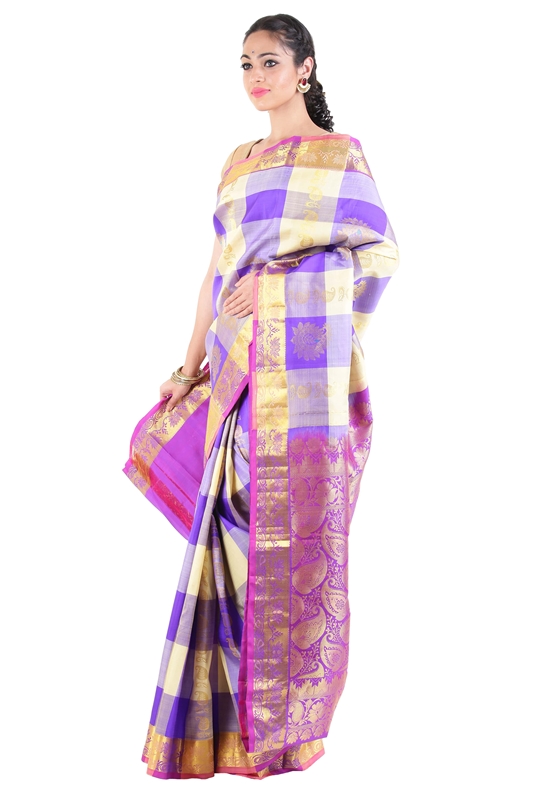 Picture of Purple Uppada Silk Saree with Checks and Leafy Motives