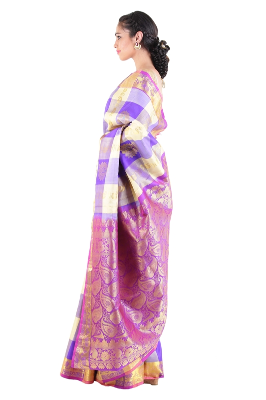 Picture of Purple Uppada Silk Saree with Checks and Leafy Motives