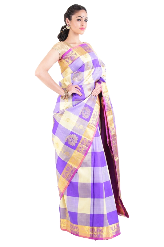 Picture of Purple Uppada Silk Saree with Checks and Leafy Motives