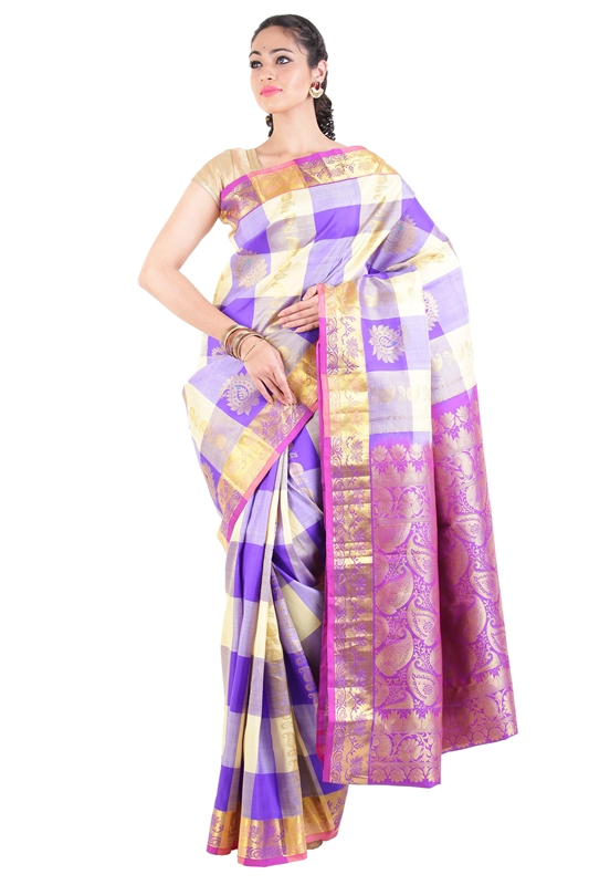 Picture of Purple Uppada Silk Saree with Checks and Leafy Motives