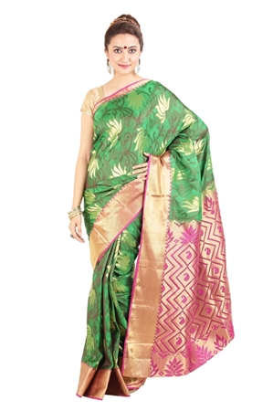 Picture of Green Banarasi Silk Saree with Lotus Design Motifs