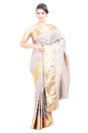 Picture of Off White Kanchipuram Silk Saree with Golden Border