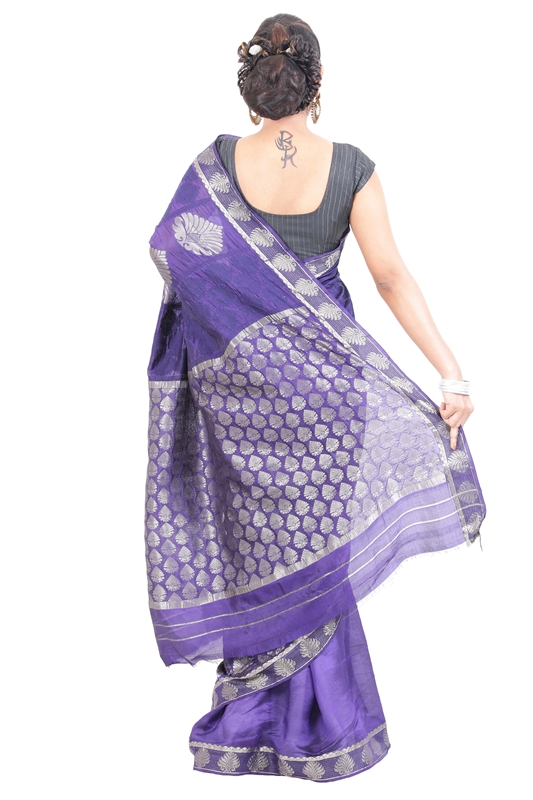 Picture of Violet Banarasi Handloom Silk Saree with Self and Silver Zari Buta Design