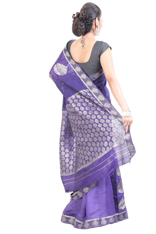 Picture of Violet Banarasi Handloom Silk Saree with Self and Silver Zari Buta Design