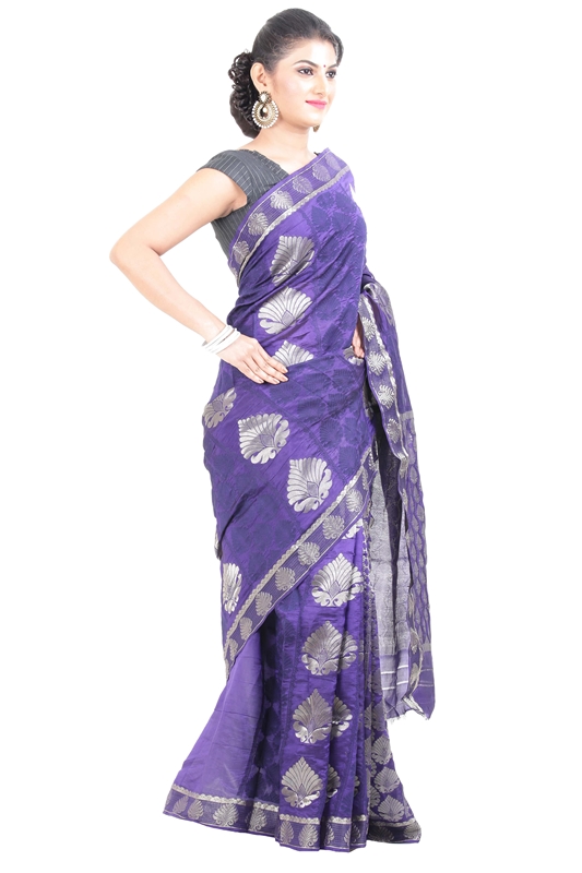 Picture of Violet Banarasi Handloom Silk Saree with Self and Silver Zari Buta Design