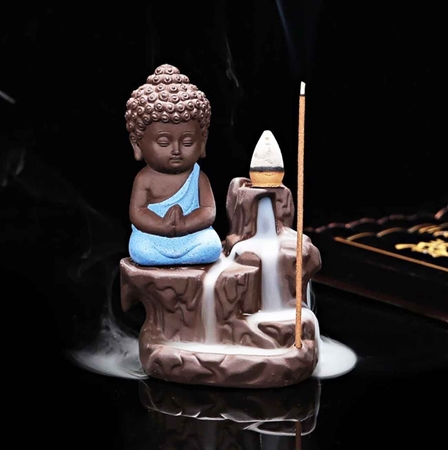 Picture of eCraftIndia Meditating Monk Buddha Smoke Backflow Cone Incense Holder Decorative Showpiece with 10 Free Smoke Backflow Scented Cone Incenses