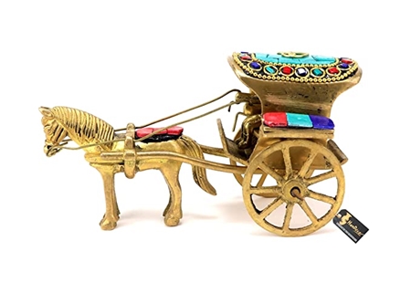 Picture of Two Moustaches Gemstone Work Brass Horse Cart Replica Decor Showpiece, Standard, Multicolored, Pack of 1